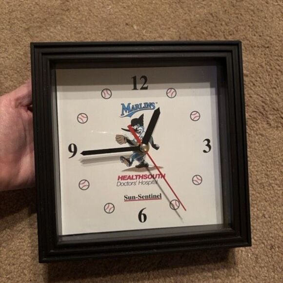 Florida Marlins 7” x 7” Black Framed Clock *Works* - Picture 1 of 4